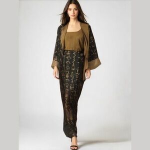 80s 3PC A+ELLEN SILK AZTEC BLACK & GOLD CINCHED JACKET & SKIRT STRIPED TOP SZ 14